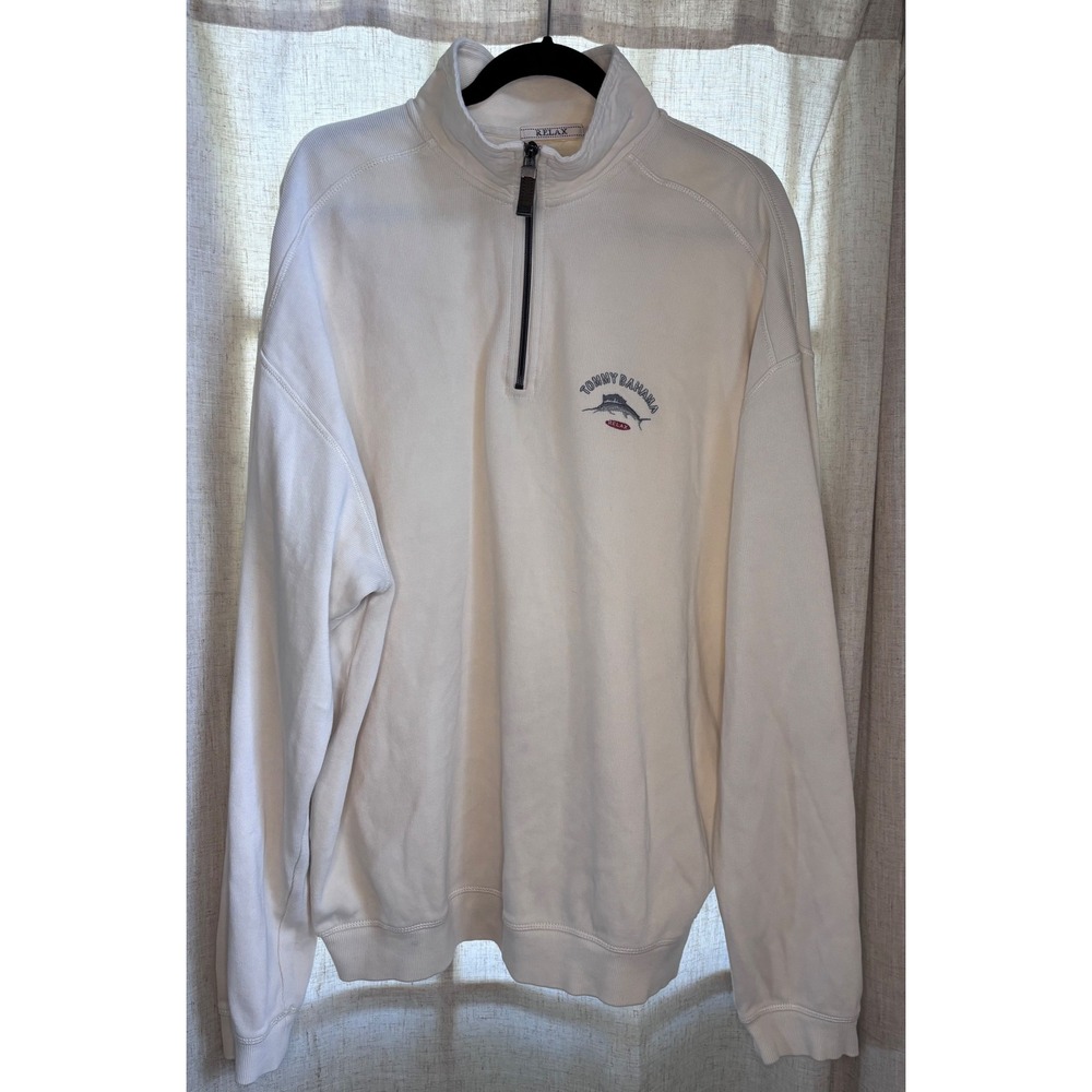 Tommy Bahama Relax Mens LT Large Tall Off White Cotton Quarter Zip Pullover Logo